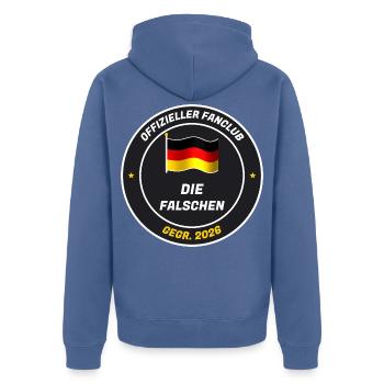 Offizieller Fanclub der Falschen - gegr. 2026 - Unisex Premium Bio Zip Hoodie - Taubenblau - Hinten - Nico (187cm)