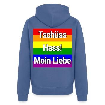 TSCHÜSS HASS MOIN LIEBE REGENBOGEN STATEMENT SHIRT - Unisex Premium Bio Zip Hoodie - Taubenblau - Hinten - Nico (187cm)