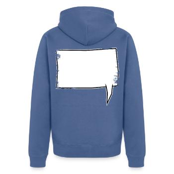 Eckige Sprechblase rechts in Weiß used look - Unisex Premium Bio Zip Hoodie - Taubenblau - Hinten - Nico (187cm)