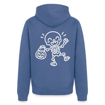 Tanzendes Halloween Skelett – White Line Art - Unisex Premium Bio Zip Hoodie - Taubenblau - Hinten - Nico (187cm)