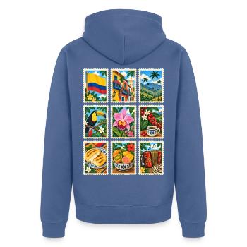 Kolumbien Briefmarken - Unisex Premium Bio Zip Hoodie - Taubenblau - Hinten - Nico (187cm)