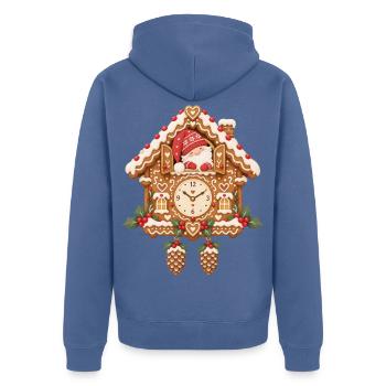 Weihnachtliche Lebkuchen-Kuckucksuhr mit Wichtel  - Unisex Premium Bio Zip Hoodie - Taubenblau - Hinten - Nico (187cm)
