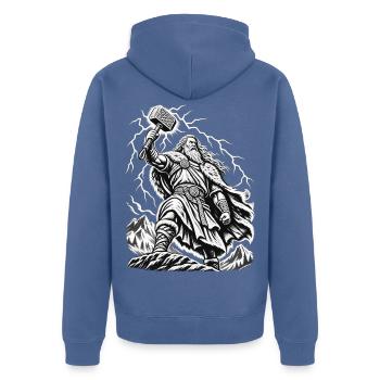Thor – Donnergott im mystischen Sturm - Unisex Premium Bio Zip Hoodie - Taubenblau - Hinten - Nico (187cm)