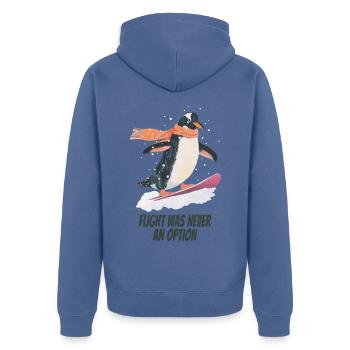 flight was never an option- Lustiger Pinguin - Unisex Premium Bio Zip Hoodie - Taubenblau - Hinten - Nico (187cm)