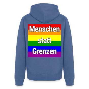 MENSCHEN STATT GRENZEN REGENBOGEN STATEMENT - Unisex Premium Bio Zip Hoodie - Taubenblau - Hinten - Nico (187cm)