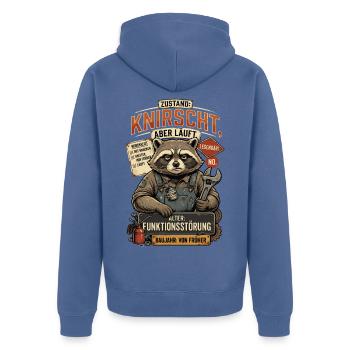 Condition Crunches But Runs Age Dysfunction - Unisex Premium Bio Zip Hoodie - Taubenblau - Hinten - Nico (187cm)
