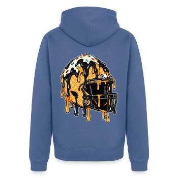 Tropfender Fußballhelm – Schwarz-Gold-Spieler - Unisex Premium Bio Zip Hoodie - Taubenblau - Hinten - Nico (187cm)