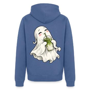 Süßer Geist mit Matcha Latte – Kawaii Halloween - Unisex Premium Bio Zip Hoodie - Taubenblau - Hinten - Nico (187cm)