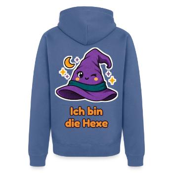 Ich bin die Hexe – Partnershirt mit Hexenhut - Unisex Premium Bio Zip Hoodie - Taubenblau - Hinten - Nico (187cm)