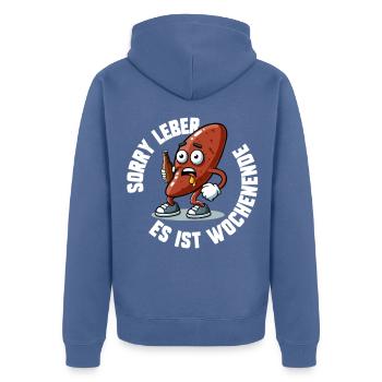 Leberheld am Wochenende - Unisex Premium Bio Zip Hoodie - Taubenblau - Hinten - Nico (187cm)