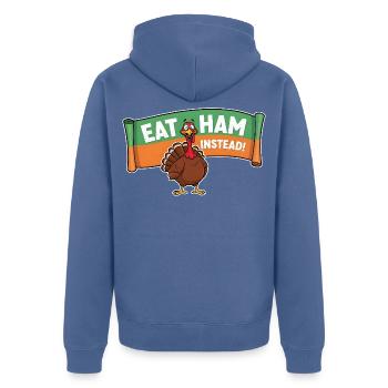 Manger du bacon – Dinde de Thanksgiving - Veste à capuche bio Premium Unisexe - bleu pigeon - Dos - Nico (187cm)