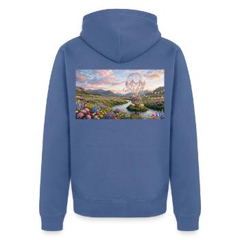 Floral Sky Balloon Traumlandschaft - Unisex Premium Bio Zip Hoodie - Taubenblau - Hinten - Nico (187cm)