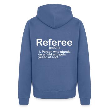 Soccer referee funny gift for men - Unisex Premium Organic Zip Hoodie - stone blue - Back - Nico (187cm)