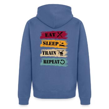 Presse de banque Eat Sleep Repeat Rétro - Veste à capuche bio Premium Unisexe - bleu pigeon - Dos - Nico (187cm)