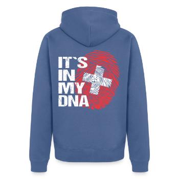 Schweiz Schweizer Flagge Spruch DNA Fingerabdruck - Unisex Premium Bio Zip Hoodie - Taubenblau - Hinten - Nico (187cm)