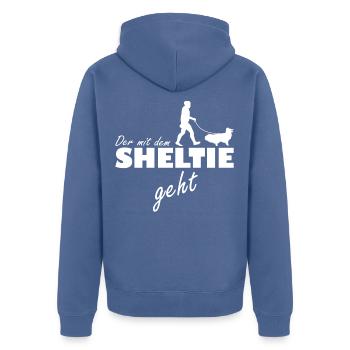 Shetland Sheepdog L'homme qui marche avec Sheltie - Veste à capuche bio Premium Unisexe - bleu pigeon - Dos - Nico (187cm)