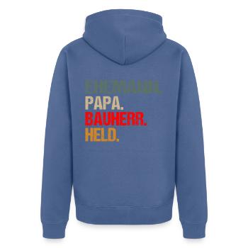 Bauherr Papa Ehemann Spruch Richtfest Retro Lustig - Unisex Premium Bio Zip Hoodie - Taubenblau - Hinten - Nico (187cm)