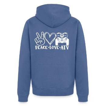 Conception de VTT Peace Love pour les amateurs de VTT à 4 roues motrices - Veste à capuche bio Premium Unisexe - bleu pigeon - Dos - Nico (187cm)