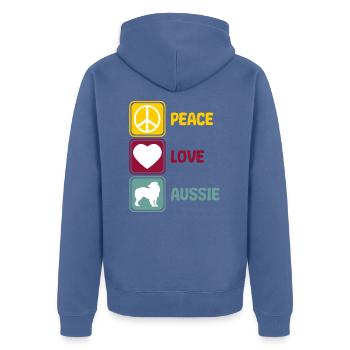 Berger australien Aussie Peace Love disant - Veste à capuche bio Premium Unisexe - bleu pigeon - Dos - Nico (187cm)