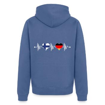 Finland Germany flag heart coat of arms heartbeat - Unisex Premium Organic Zip Hoodie - stone blue - Back - Nico (187cm)