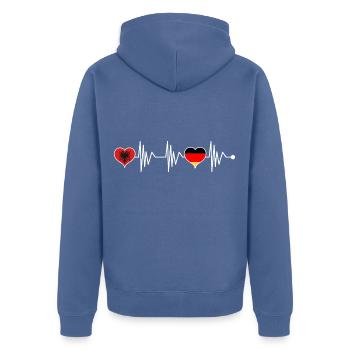 Albanien Deutschland Flagge Herz Wappen Herzschlag - Unisex Premium Bio Zip Hoodie - Taubenblau - Hinten - Nico (187cm)