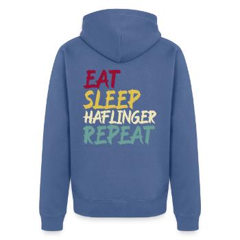 Haflinger Pferd Pferderasse Eat Sleep Spruch Retro - Unisex Premium Bio Zip Hoodie - Taubenblau - Hinten - Nico (187cm)