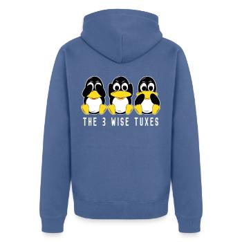 3 pingouins Linux entendent voir parler des informaticiens - Veste à capuche bio Premium Unisexe - bleu pigeon - Dos - Nico (187cm)