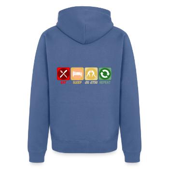 Jiu Jitsu Kampfkunst Eat Sleep Retro Spruch Lustig - Unisex Premium Bio Zip Hoodie - Taubenblau - Hinten - Nico (187cm)