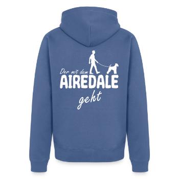Airedale Terrier Der mit dem Gassi geht Spruch - Unisex Premium Bio Zip Hoodie - Taubenblau - Hinten - Nico (187cm)