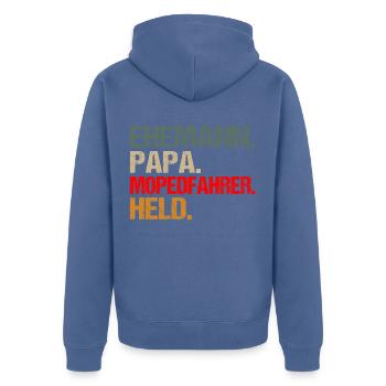 Moped Mopedfahrer Papa Ehemann Held Spruch Retro - Unisex Premium Bio Zip Hoodie - Taubenblau - Hinten - Nico (187cm)
