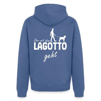 Lagotto Romagnolo Gassi geht Spruch für Herrchen - Unisex Premium Bio Zip Hoodie - Taubenblau - Hinten - Nico (187cm)