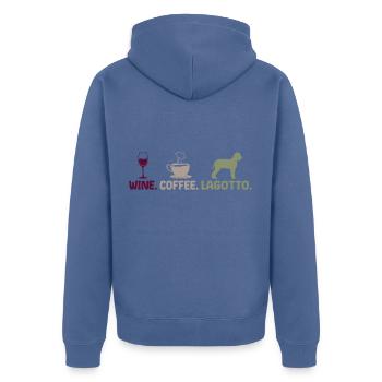 Lagotto Romagnolo dog wine coffee saying - Unisex Premium Organic Zip Hoodie - stone blue - Back - Nico (187cm)