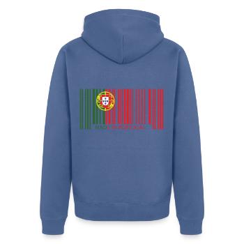 Portugal drapeau code à barres armoiries faites en drôle - Veste à capuche bio Premium Unisexe - bleu pigeon - Dos - Nico (187cm)