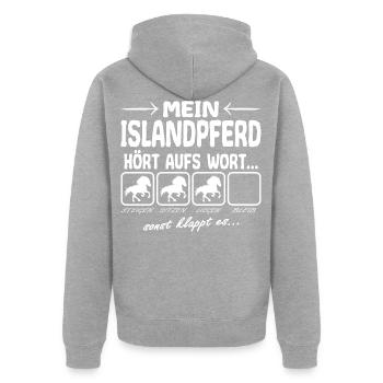 Islandpferd Hört aufs Wort Spruch Lustig - Unisex Premium Bio Zip Hoodie - Grau meliert - Hinten - Nico (187cm)