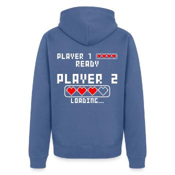 Schwangerschaft verkünden Baby Player 2 Loading - Unisex Premium Bio Zip Hoodie - Taubenblau - Hinten - Nico (187cm)