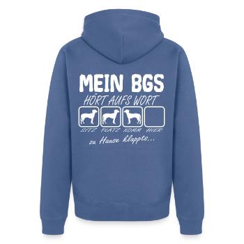 BGS Hund Hört aufs Wort Spruch Lustig - Unisex Premium Bio Zip Hoodie - Taubenblau - Hinten - Nico (187cm)