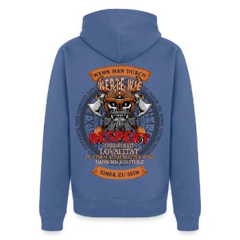 Wenn man durch Werte wie Respekt - Unisex Premium Bio Zip Hoodie - Taubenblau - Hinten - Nico (187cm)