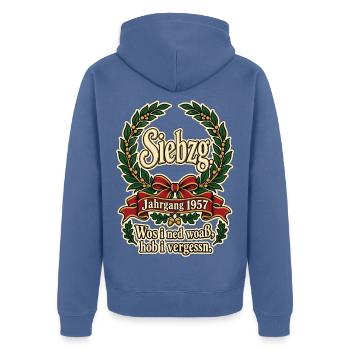 Siebzg Jahrgang 1957 - Unisex Premium Bio Zip Hoodie - Taubenblau - Hinten - Nico (187cm)