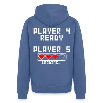 Schwangerschaft verkünden Baby 5 Kind fünf fünftes - Unisex Premium Bio Zip Hoodie - Taubenblau - Hinten - Nico (187cm)