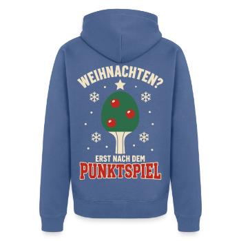 Tischtennis Weihnachten – Erst nach dem Punktspiel - Unisex Premium Bio Zip Hoodie - Taubenblau - Hinten - Nico (187cm)