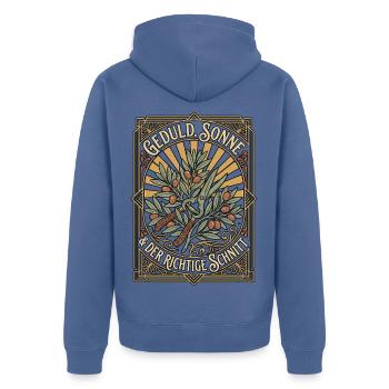Olivenbaum Schnitt - Unisex Premium Bio Zip Hoodie - Taubenblau - Hinten - Nico (187cm)