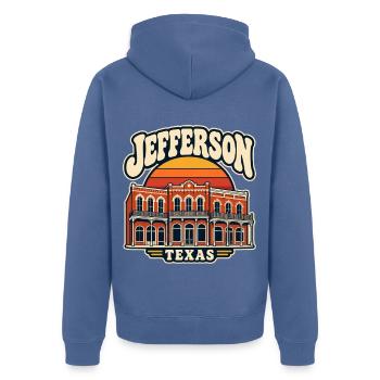 Jefferson Texas Vintage Stadtansicht - Unisex Premium Bio Zip Hoodie - Taubenblau - Hinten - Nico (187cm)