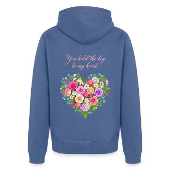 Floraler Schlüssel zum Herzen - Unisex Premium Bio Zip Hoodie - Taubenblau - Hinten - Nico (187cm)