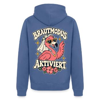 Brautmodus aktiviert – Flamingo JGA Braut - Unisex Premium Bio Zip Hoodie - Taubenblau - Hinten - Nico (187cm)