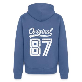 1987 Original 87 Né en 1987 - Veste à capuche bio Premium Unisexe - bleu pigeon - Dos - Nico (187cm)