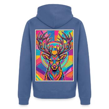 Hirsch Neon Pop Art Kaleidoskop - Unisex Premium Bio Zip Hoodie - Taubenblau - Hinten - Nico (187cm)