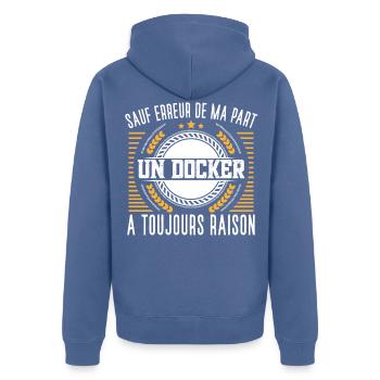 Docker idée cadeau. Transport marchandise humour - Veste à capuche bio Premium Unisexe - bleu pigeon - Dos - Nico (187cm)