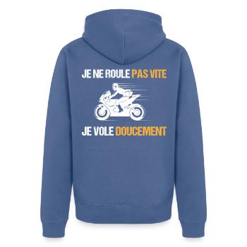 Motard idée cadeau Passion moto humour citations - Veste à capuche bio Premium Unisexe - bleu pigeon - Dos - Nico (187cm)