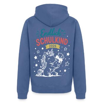 Endlich Schulkind 2026 - Unisex Premium Bio Zip Hoodie - Taubenblau - Hinten - Nico (187cm)