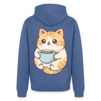 Katze mit Kaffee  - Unisex Premium Bio Zip Hoodie - Taubenblau - Hinten - Nico (187cm)